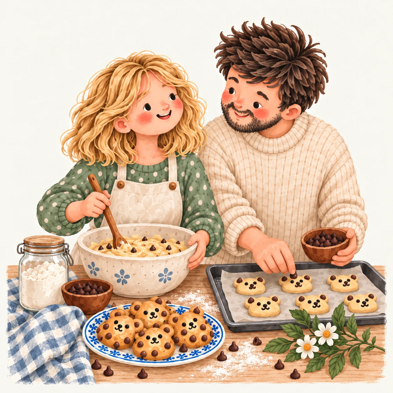 Aure et Killian préparent des biscuits ensemble, illustration