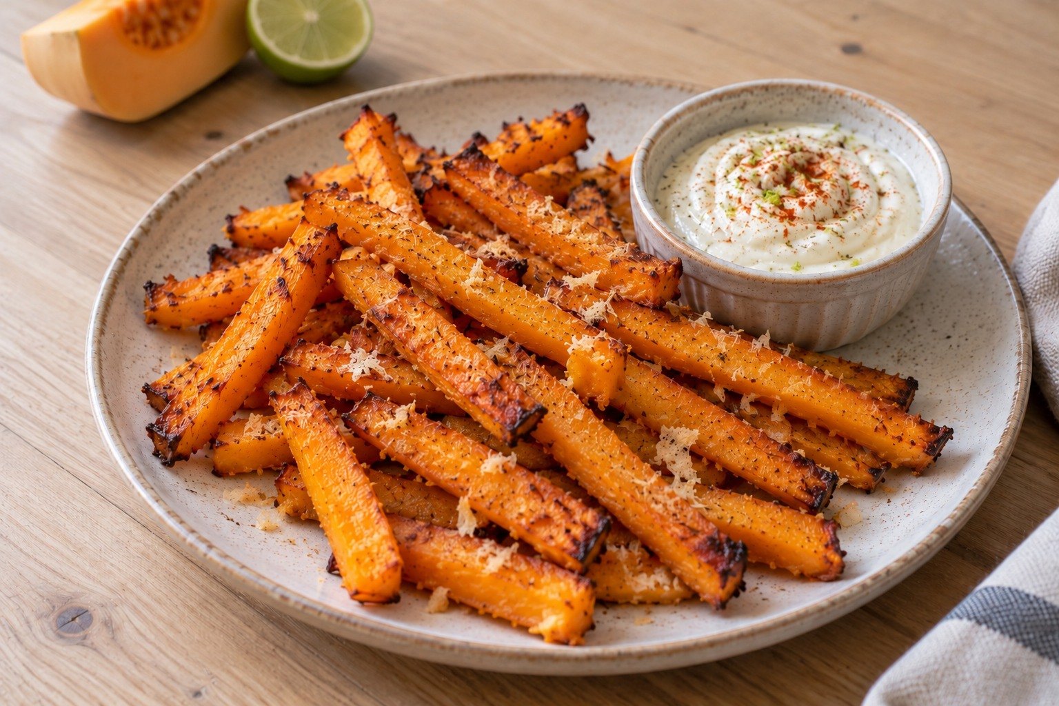 Frites de butternut au parmesan et sauce au citron vert 🧡
