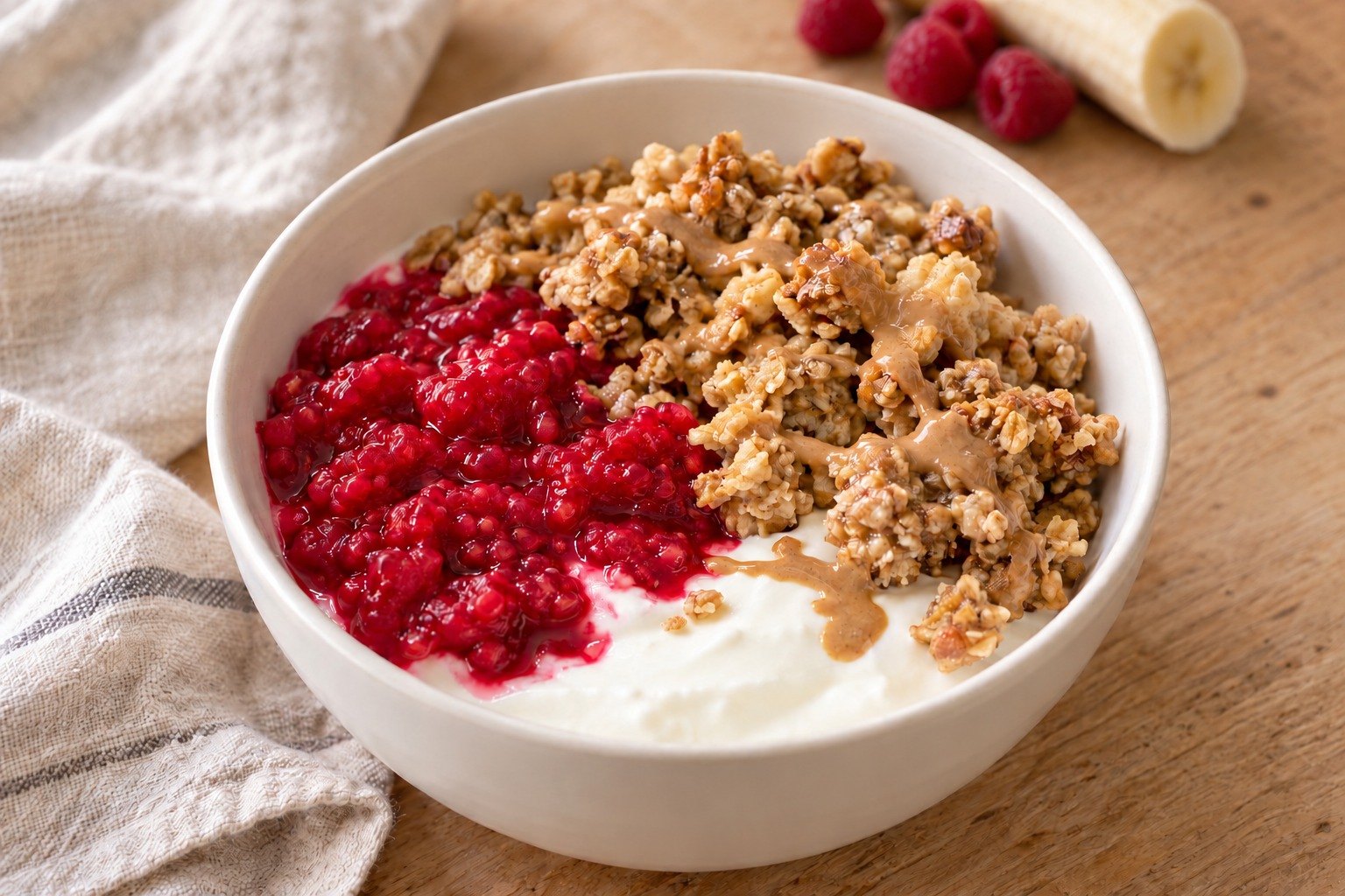 Granola à la poêle, banane et framboises 🥣