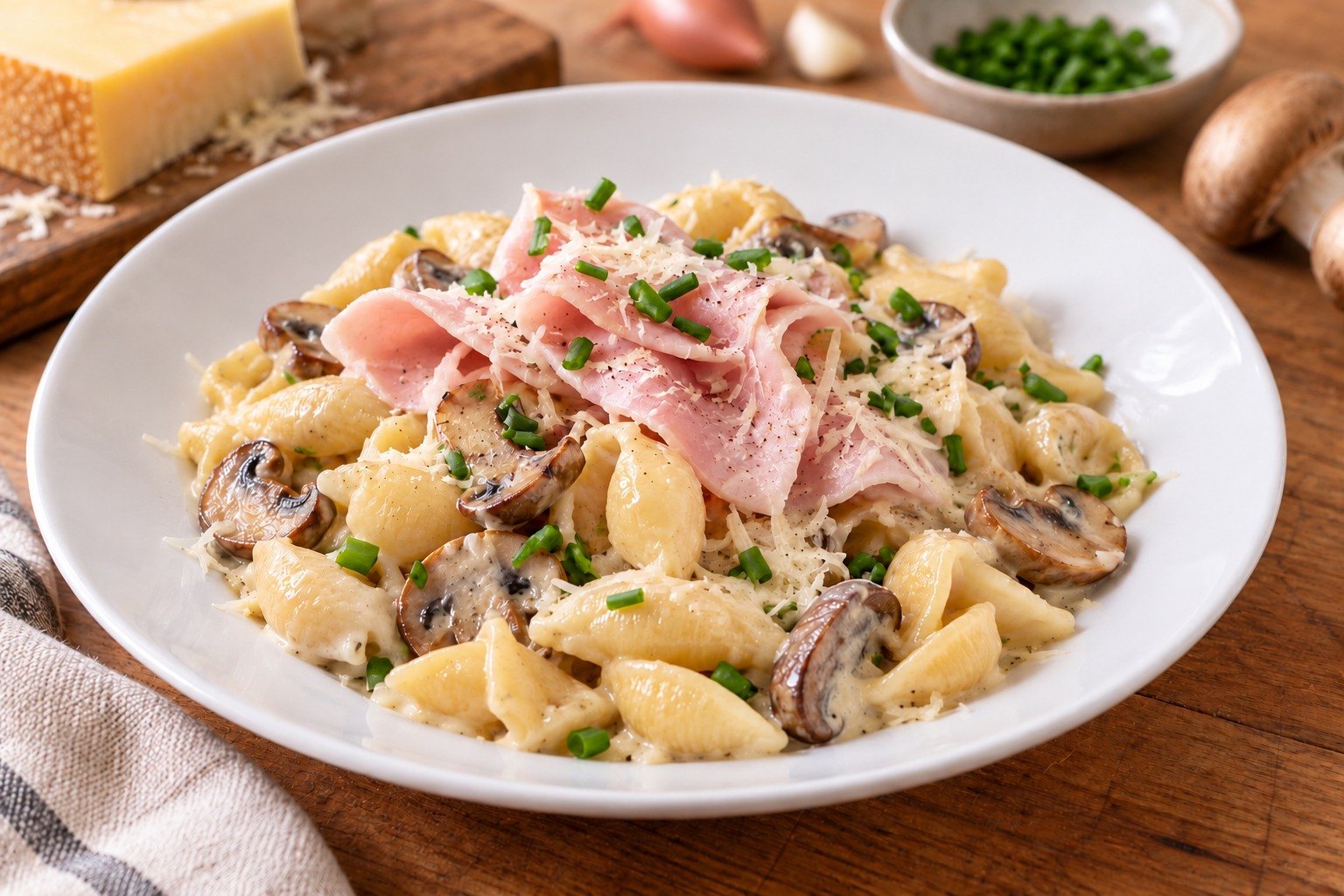 Pâtes crémeuses aux champignons, comté et jambon 🍄