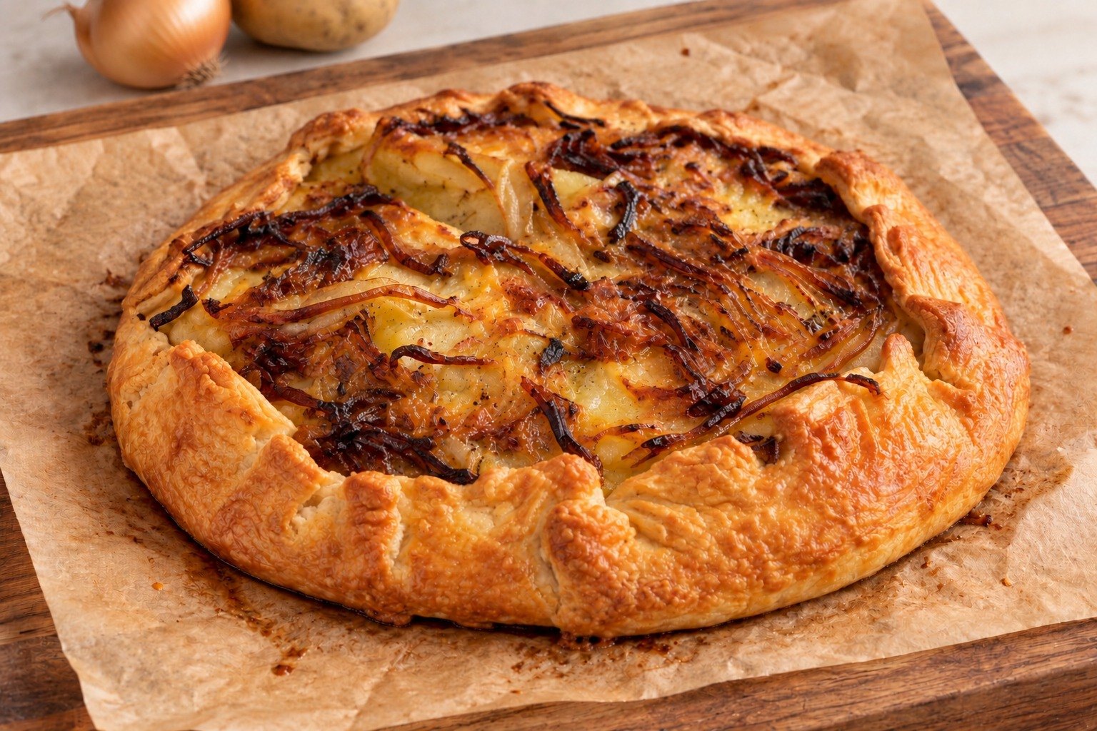 Tarte d’automne aux pommes de terre, oignons caramélisés et cheddar 🍂