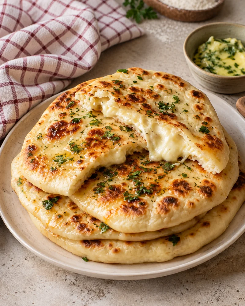 Cheese naans dorés au fromage fondant