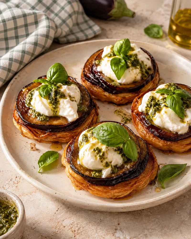 Mini tatins aubergine pesto burrata