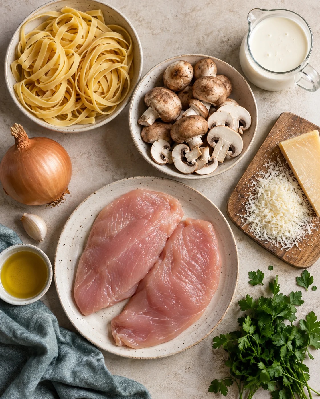 Ingrédients pour Pâtes Alfredo, dinde et champignons grillés