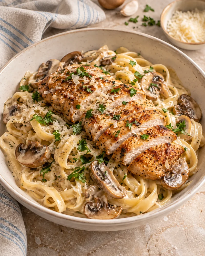 Pâtes Alfredo, dinde et champignons grillés