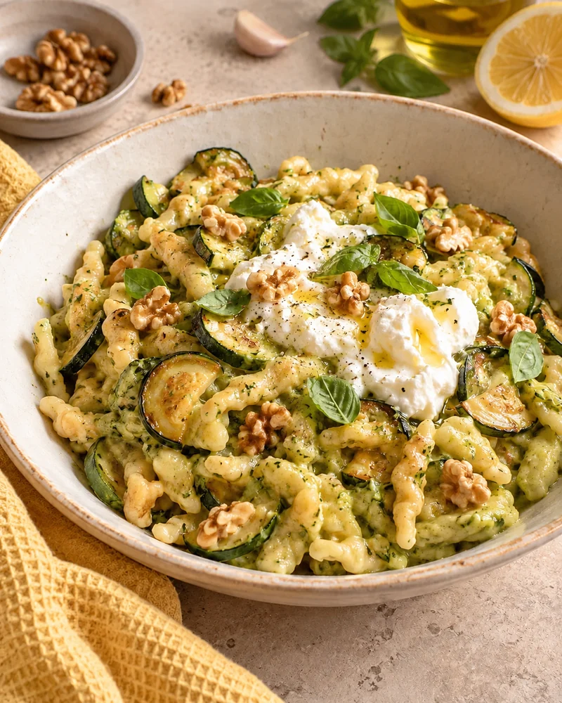 Spaetzle, courgette et stracciatella